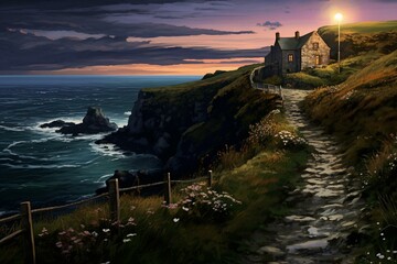 Nighttime Irish landscape featuring a house on a cliff, with an ocean shore and a pathway. Generative AI