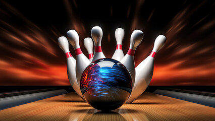 The bowling ball is ready to be hit. Image of a bowling ball hitting pins and exploding.  - obrazy, fototapety, plakaty