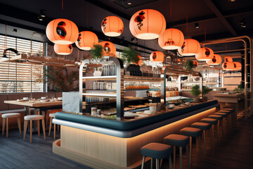 beautiful and cool sushi restaurant, creative 3d rendering elements