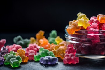 Colorful gummy bears and weed buds on a dark background, representing cannabis edibles and CBD infused gummies. Generative AI