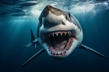 A fearsome great white shark with massive teeth seen swimming underwater. Generative AI