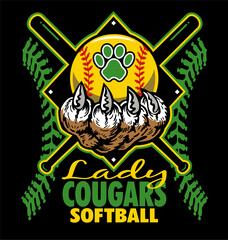 lady cougars softball team diamond design with claw holding ball for school, college or league