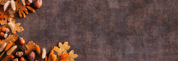 Colorful autumn leaves, nuts and grasses. Corner border over a rustic dark banner background. Above...