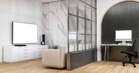 The interior Computer and office tools on desk room white japan style interior design.