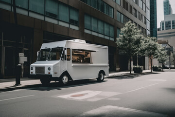 A white urban delivery truck parked in the downtown district, ready to serve your fast food needs.