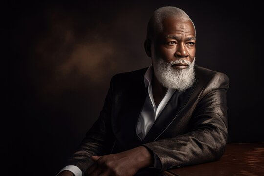 A Stylish And Confident Senior Black Man With A Grey Beard Stands Alone, Exuding Modern Charm And Confidence.