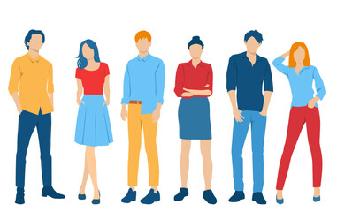 Fototapeta premium Set of young men and women, different colors, cartoon character, group of silhouettes of standing business people, students, the design concept of flat icon, isolated on white background