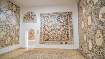 Roman natural stone tile heritage mosaics of the museum at Tunisia.