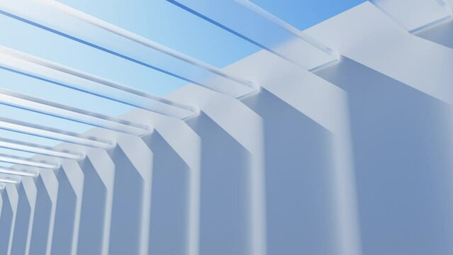3D render of slow fly camera through glassy transparent bars and wall with shadow on it in day light and blue sky, 4K seamless loop abstract architectural template