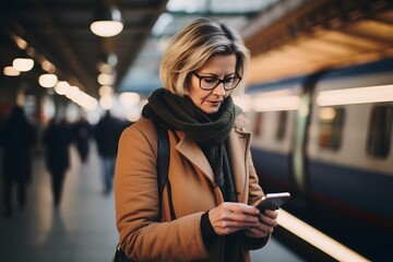 Obraz premium Portrait of mature woman using smartphone on railway platform