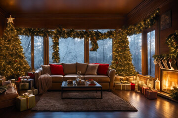 Digital closeup photo of a cozy living room with a lot of Christmas decoration. Interior design.
