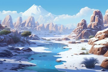 Illustration of a realistic snowy desert oasis scenery wallpaper design. Generative AI