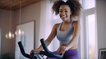 photograph of Happy cute african american woman cycling for exercise and wellness at home. Concept home gym.