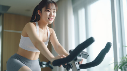 Fototapeta na wymiar cute asian woman cycling for exercise and wellness at home. Concept home gym.