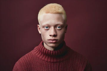 portrait of young black albino man in a red sweater, ai generated