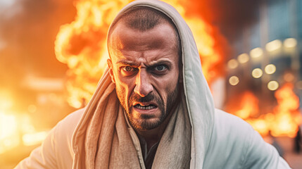 caucasian man is arsonist or riot and uprising and resistance, the civilian population or groups take to the streets and rebel or are resistance fighter, fictional place