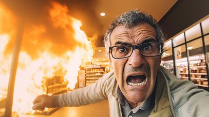 riot or arson doer theft or demonstrations or robbery and looting, fire and flames in the discount supermarket grocery store, Caucasian elderly man is scared and wants to escape - obrazy, fototapety, plakaty