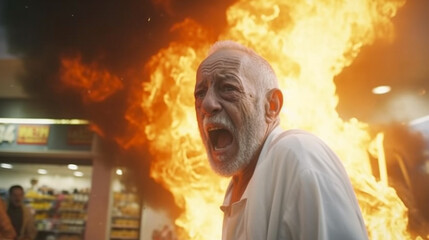 Obraz premium riot or arson doer theft or demonstrations or robbery and looting, fire and flames in the discount supermarket grocery store, Caucasian elderly man is scared