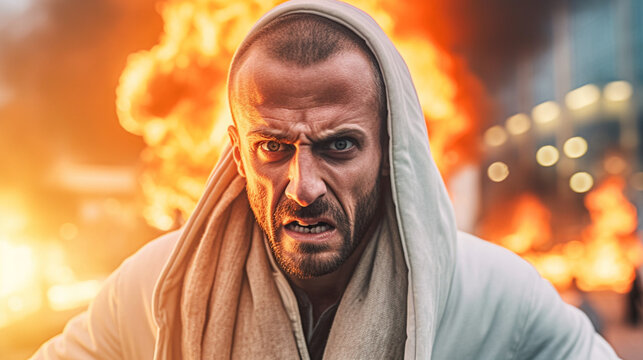 caucasian man is arsonist or riot and uprising and resistance, the civilian population or groups take to the streets and rebel or are resistance fighter, fictional place