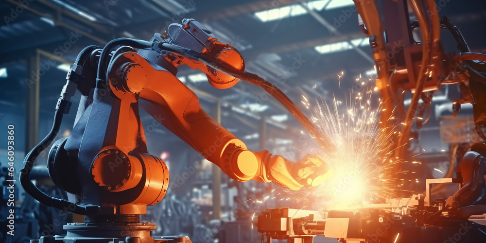 Poster engineer check and control automation robot arms machine in intelligent factory industrial on real t
