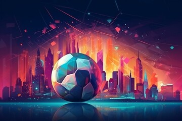 Abstract soccer ball in city, World Cup 2022, digital art illustration. Generative AI
