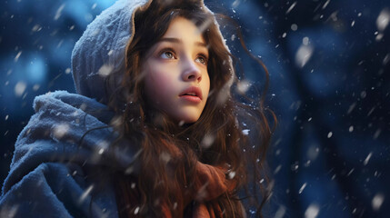 portrait of a young girl with the snow this winter 