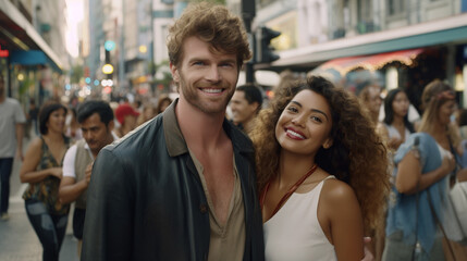 Obraz premium a caucasian man and a multiracial tanned skin tone woman, strolling through the city, tropical vacation spot, India or Indonesia, fictional place