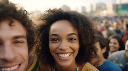 Fototapeta premium getting to know new people, multiracial tanned skin tone, 30s, woman getting to know new friends, caucasian man, city festival in a public square, crowds