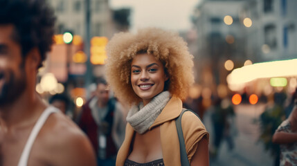 Fototapeta premium Mature adult woman, 30s 40s, wearing winter coat and winter turtleneck sweater, handbag over her shoulder, in a city, everyday life in the big city