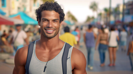 adult muscular man wearing muscle shirt and backpack, tanned skin color, latino hispanic or brazilian italian, side street on beach with palm trees, local stroller, attractive man, 30s