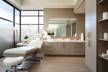 Contemporary cosmetic clinic showcasing vacant skincare treatment cabinetry within a dermatologist's office. Generative AI