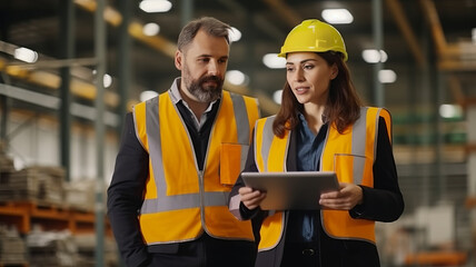 Two engineer manager leader and woman assistant holding laptop wearing helmet talking and checking production.