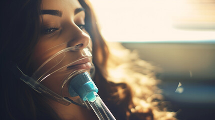 young adult woman is awake after surgery or waiting for it, sedative or anesthesia, breathing tubes in the nose, attached to the chin under the mouth, tube and suction tube