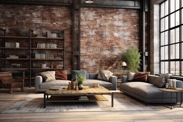Fototapeta na wymiar Bright industrial loft living room, concrete walls, large windows, minimal decor. Concept of urban interior space.