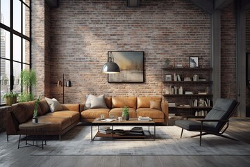 Contemporary loft-style living room, high ceilings, large windows, mix of rustic, modern elements. Concept of modern interior design.