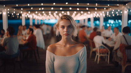 young adult woman, blonde, medium length hair, in a restaurant on a wooden pier by the lake, Caucasian, eating alone or being transferred or waiting for someone, sad or bored or annoyed but expectant