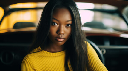 a young adult woman, sitting in the car with her back to the steering wheel, dark skin color, 20s, yellow sweater, curious or expectant, secretly in the car