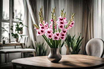 Blooming Beauty: Gladiolus Flowers in a Vase Adorning a Room
