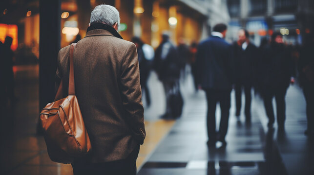 Rainy Autumn Or Winter Day, An Older Man With Gray Hair And A Coat Humbly Walks Along The Business District, Unmotivated Or Hopeless Or Looking For Work