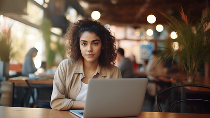 Beautiful young brunette woman in a beige shirt working on a laptop, freelancer girl or student with a computer in a cafe at the table, looking at the camera.