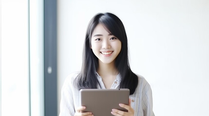 Fototapeta premium young adult woman, 20s 30s, holds a smartphone, mobile phone, big screen, hand holds phone, long dark brunette hair, smiling, happy