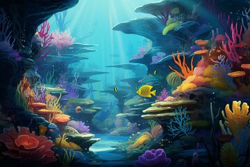 Naklejka na ściany i meble Vibrant marine ecosystem with deep-sea corals, underwater flora and fauna. Generative AI
