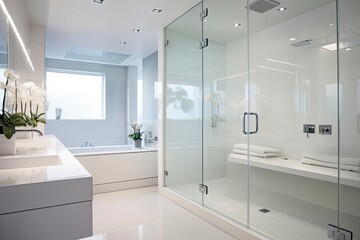 A modern white bathroom with a sleek glass shower door created with Generative AI technology - obrazy, fototapety, plakaty