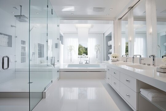 A spacious bathroom with a modern glass shower door created with Generative AI technology