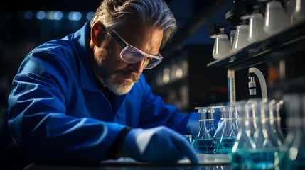 Foto op Plexiglas Homme en blouse bleu qui travaille dans un laboratoire d’analyses avec des scientifiques © Yoan