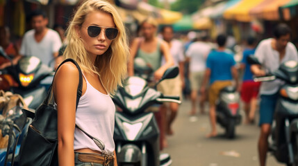 Everyday life in the life of a Caucasian female tourist, blonde, white cozy casual tank-top tank top, black sunglasses, tourist side street with tourists