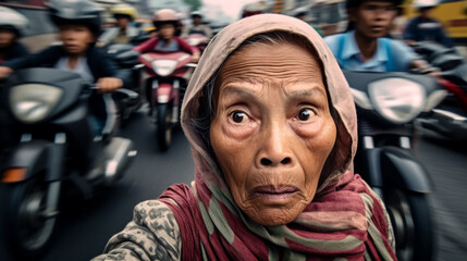 Fototapeta premium An older woman with a headscarf and wrinkles and gray hair wearing a robe, in the middle of traffic with speeding scooters while crossing the busy road