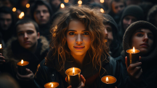 Femme et voisins de la ville se tenant avec des bougies lors d'une c&eacute;r&eacute;monie le soir