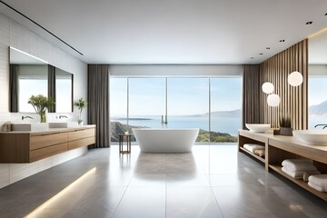 A spa-like bathroom with a freestanding bathtub, marble accents, and soft, fluffy towels neatly folded.