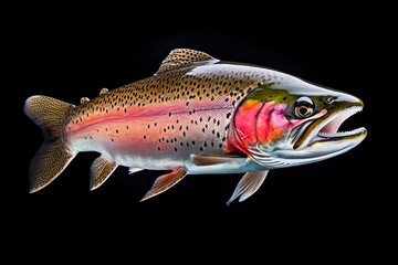 Fototapeta premium A vibrant rainbow trout fish with its mouth wide open created with Generative AI technology